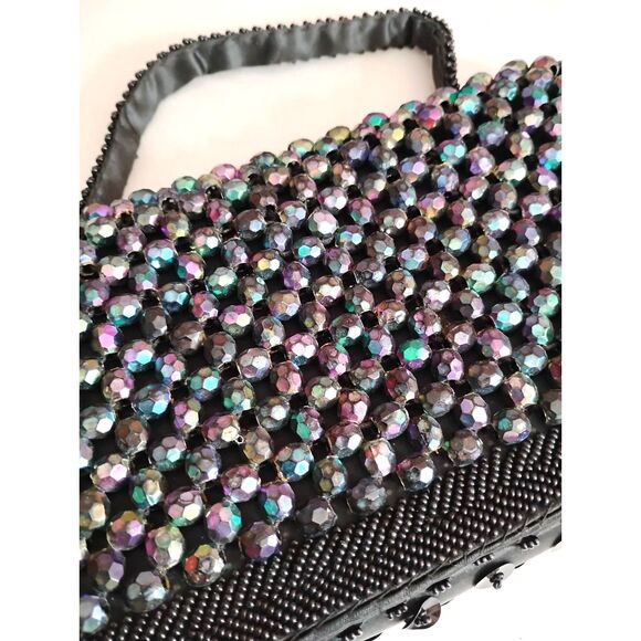 Vintage 50s 60s Hand Beaded Evening Purse Black with Aurora Borealis Bead - Picture 3 of 4